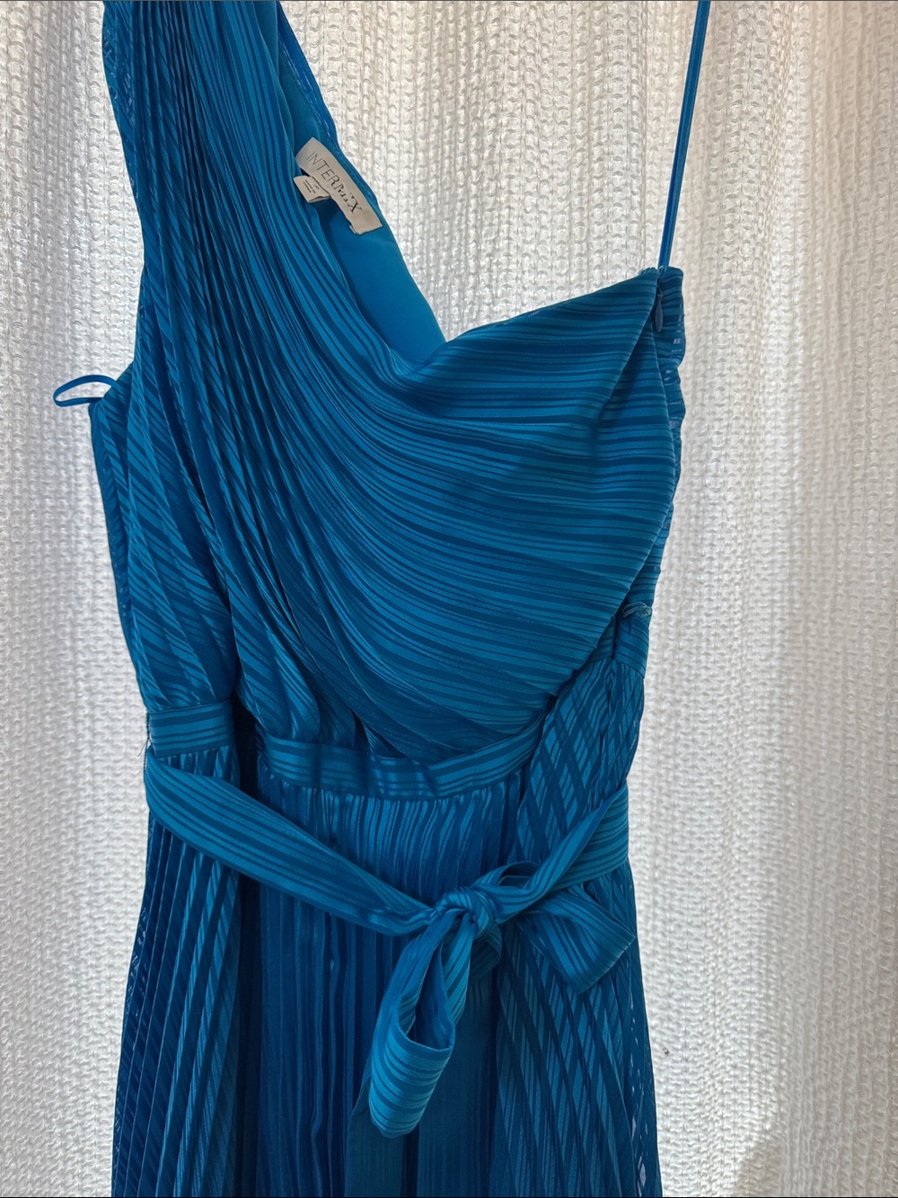 INTERMIX One-Shoulder Pleated Teal Dress with Waist Tie